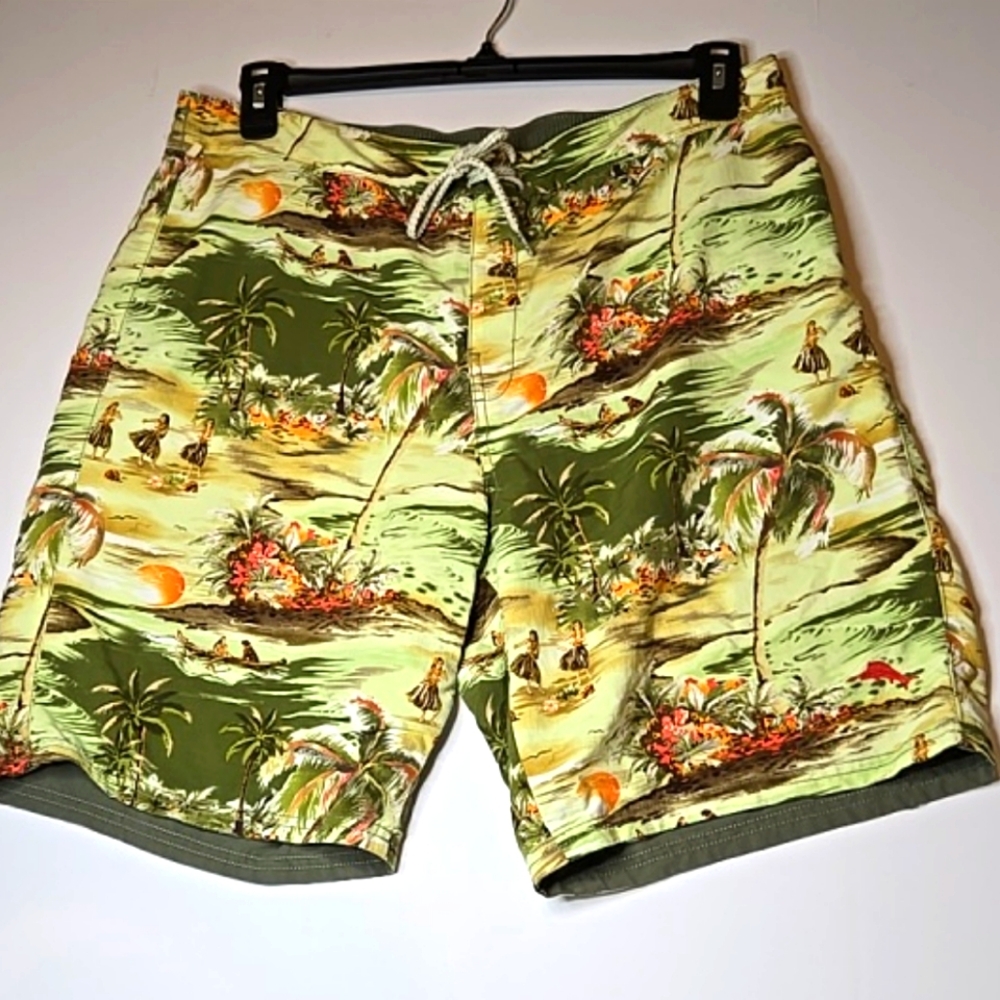 Tommy Bahama Reversible Board Swim Shorts Pocket Tropical Beach Active Green 9"